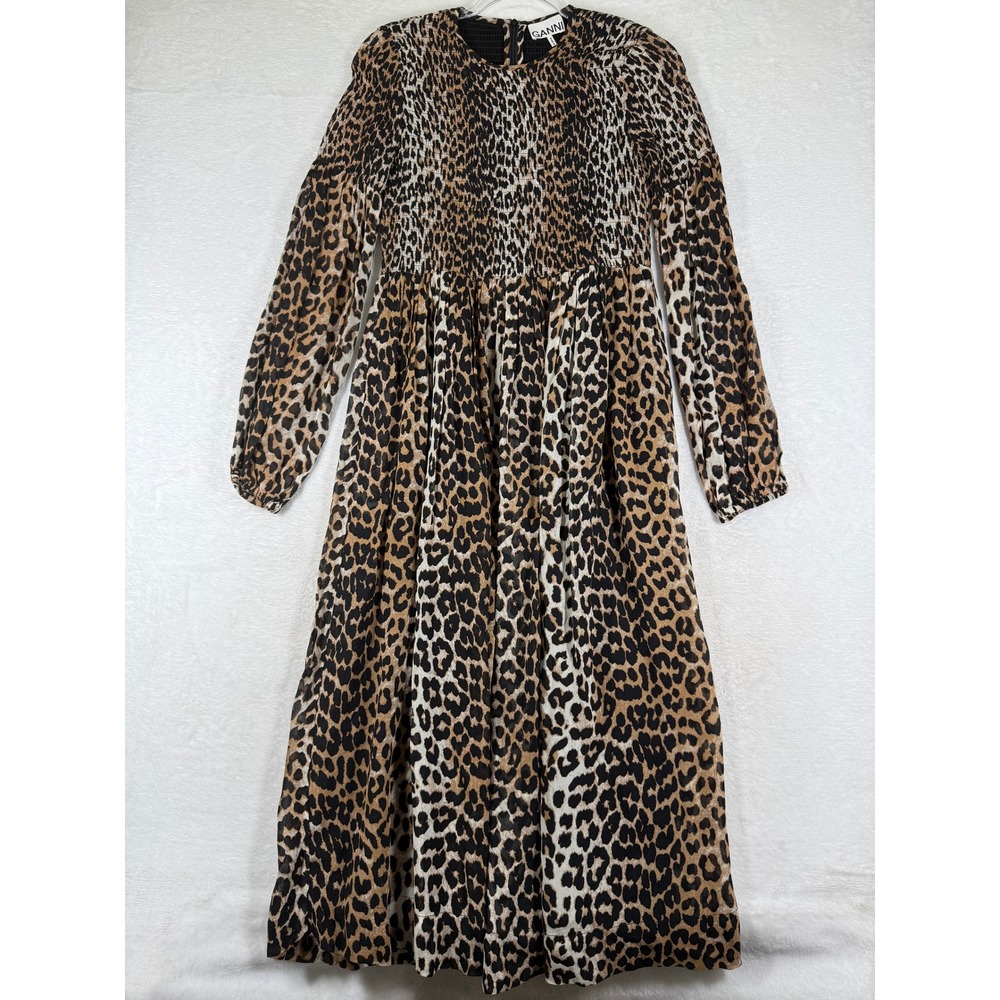 GANNI Leopard Print Smocked Georgette Long Sleeve Maxi Dress sz 36 US 4